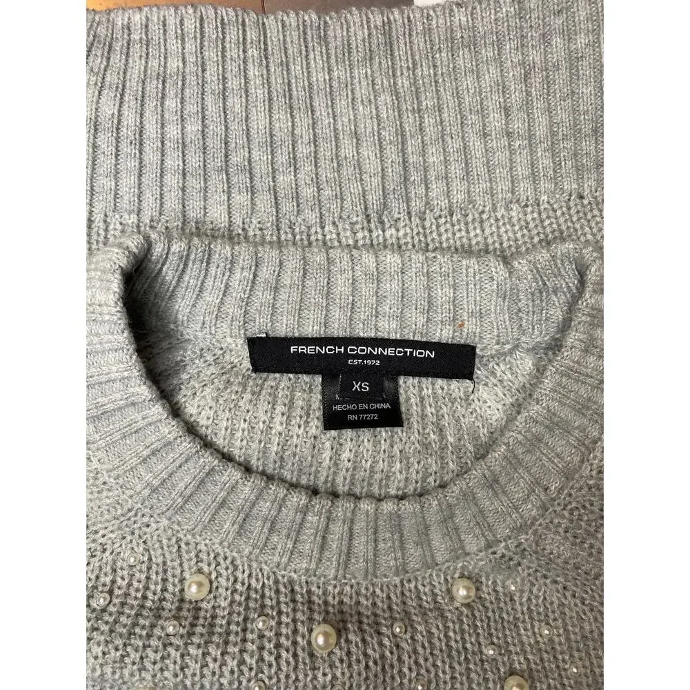 French Connection Women’s Pearl-Embellished Gray Knit Sweater Size XS Coquette